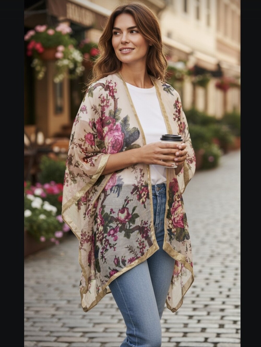Floral Sheer Kimono with Gold Trim